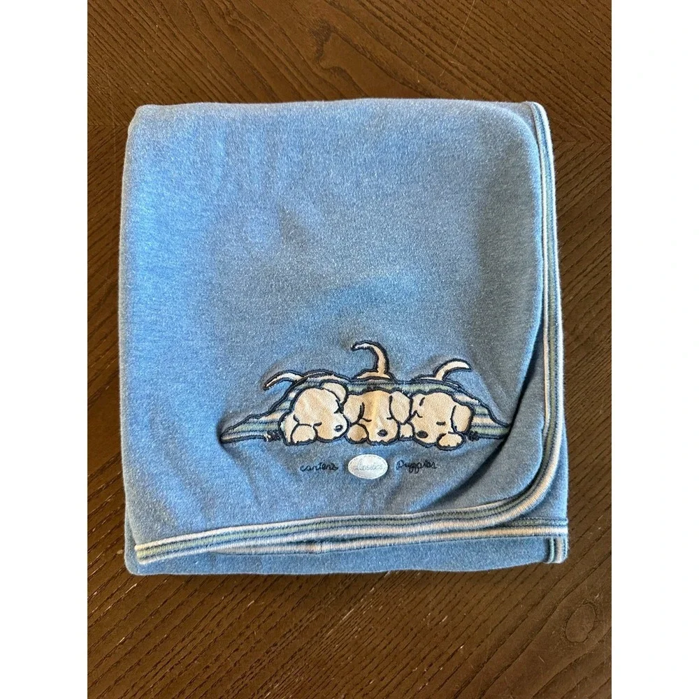 Carters Classics Puppies Puppy Dogs Blue Striped Back Baby Blanket Cotton
